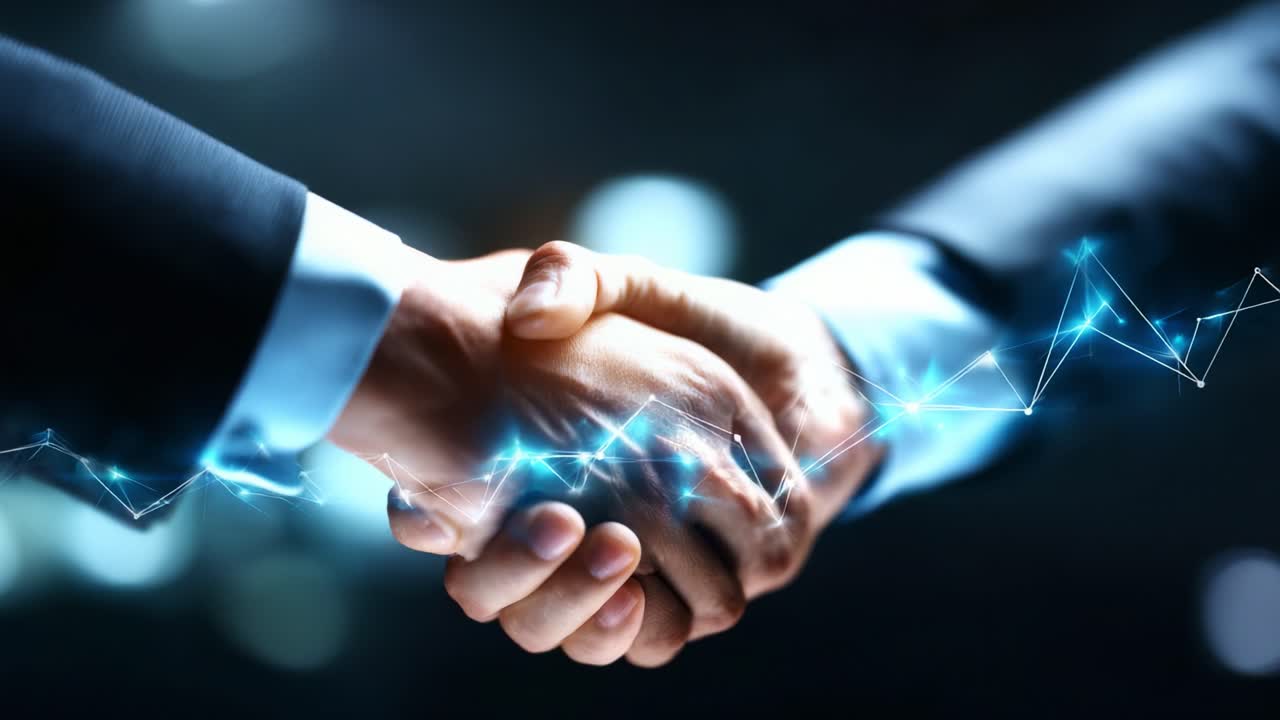 Two business professionals engage in a firm handshake, symbolizing partnership and collaboration, as digital elements weave through the connection, emphasizing modern innovation in corporate cultures