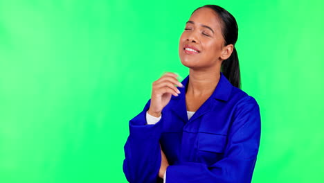 Green-screen,-woman-and-contractor-thinking
