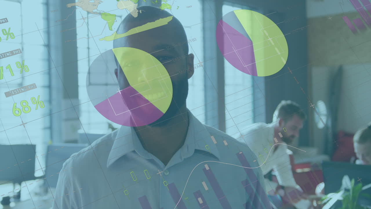 Animation of infographic interface over portrait of smiling african american man standing in office