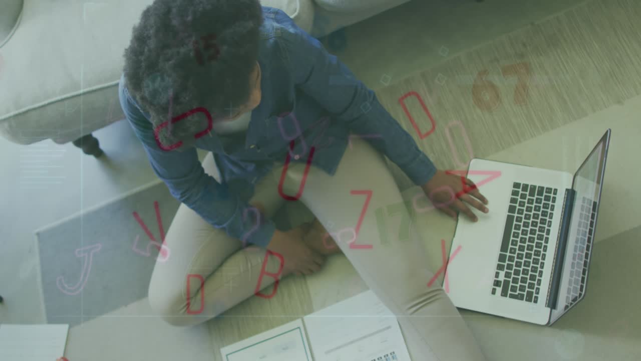 Animation of letters and numbers falling over african american woman studying