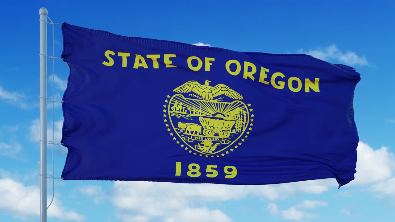 바람에 흔들리는 발 기둥에 오리건 발, 파란 하늘 배경.