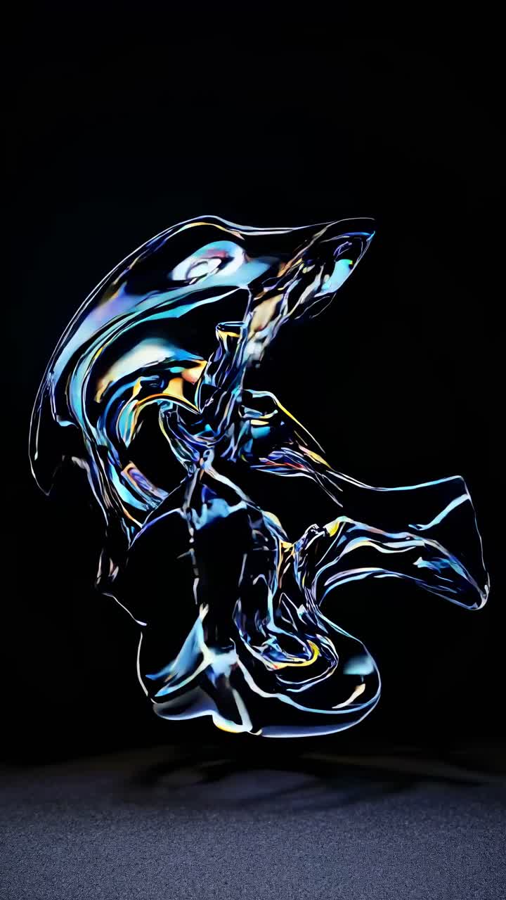 Abstract 3D render of a fluid, metallic structure with iridescent hues, captured from a low-angle