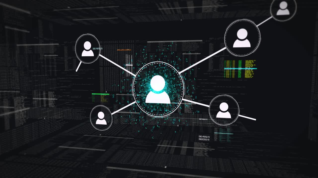 Spreading connection network surrounded by code, data and numbers inside a computer system
