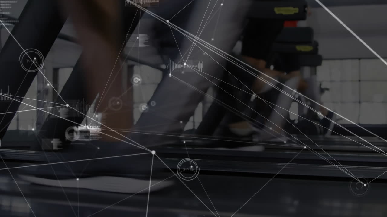 three exercisers running on treadmills at modern gym, with network lines and performance charts