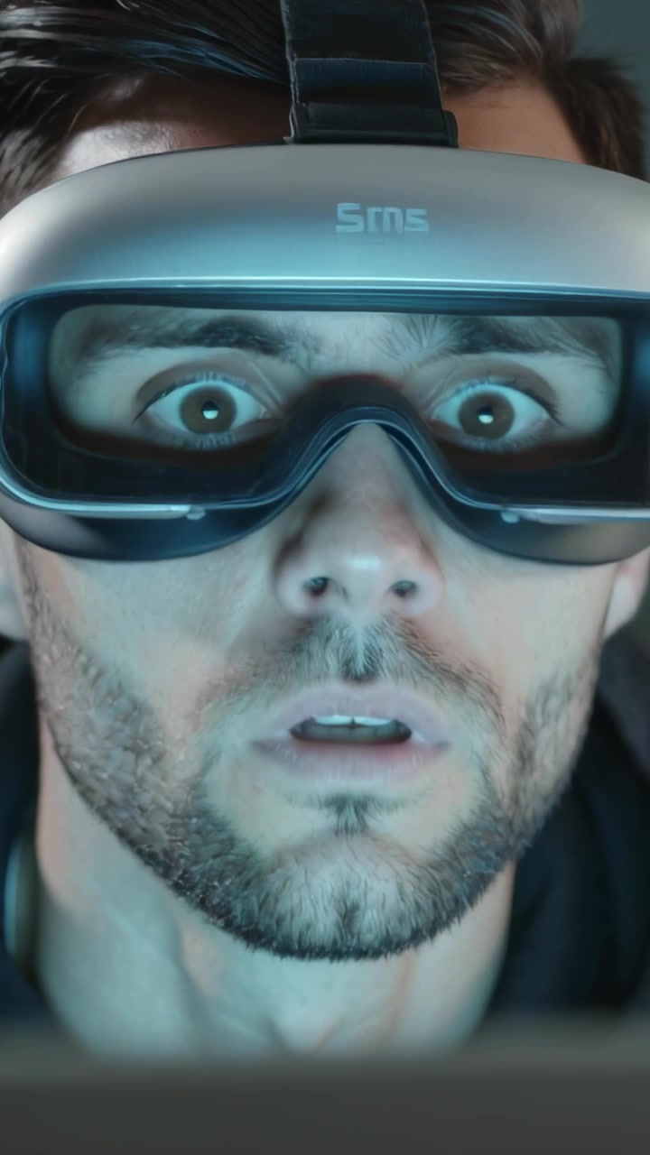 Vertikální video: Uživatel VR s modrými čočkami reagující na obrazovku, rozšiřující oči a otevírající ústa v tlumeně osvětlené laboratoři.