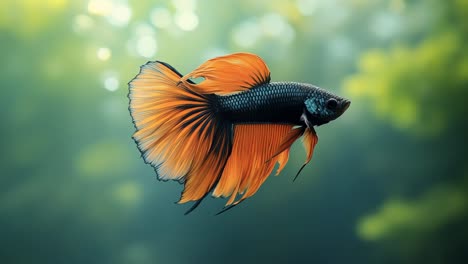 betta fish swimming in vibrant colors. a betta fish displays its stunning orange and black fins while gracefully swimming in serene waters.