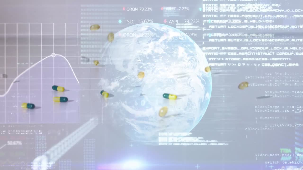 회전하는 지구와 떨어지는 알약에 대한 데이터 처리 및 다이어그램의 애니메이션