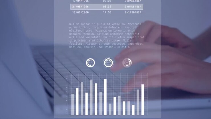 Animation of financial data processing over businessmen using laptop