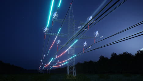 ar data of energy travelling through power pole wires over night sky