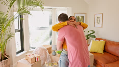 Moving,-couple-and-man-with-keys-for-woman