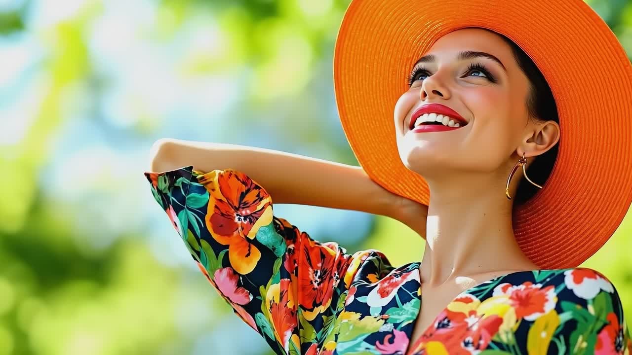A woman in a colorful dress and orange hat smiles at the camera