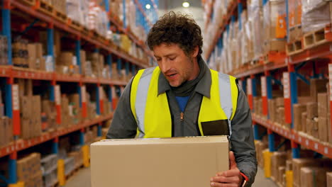trabajador masculino sosteniendo y comprobando una caja de cartón