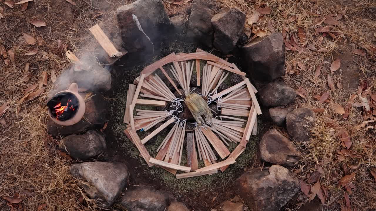 Ocote wood altar prepared for Mayan fire ceremony in Guatemala