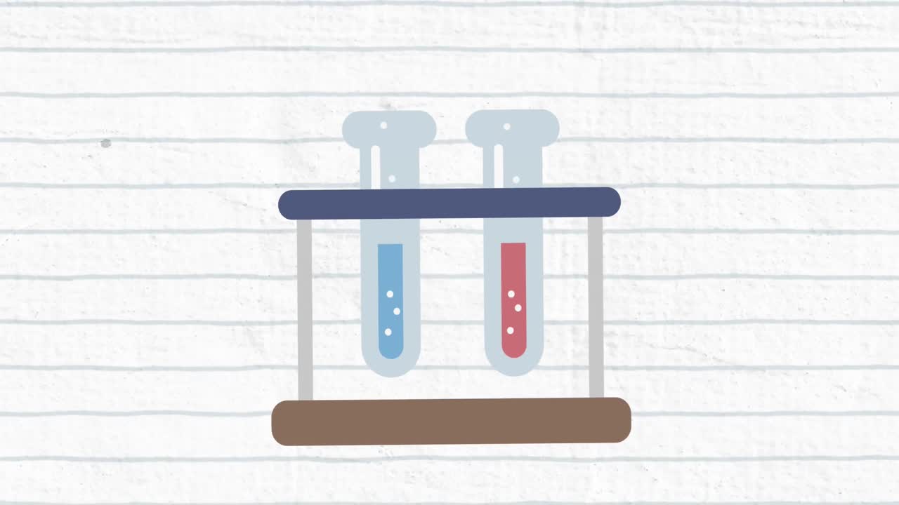 백색 배경에 선 위에 실험 튜브에 있는 점들의 애니메이션