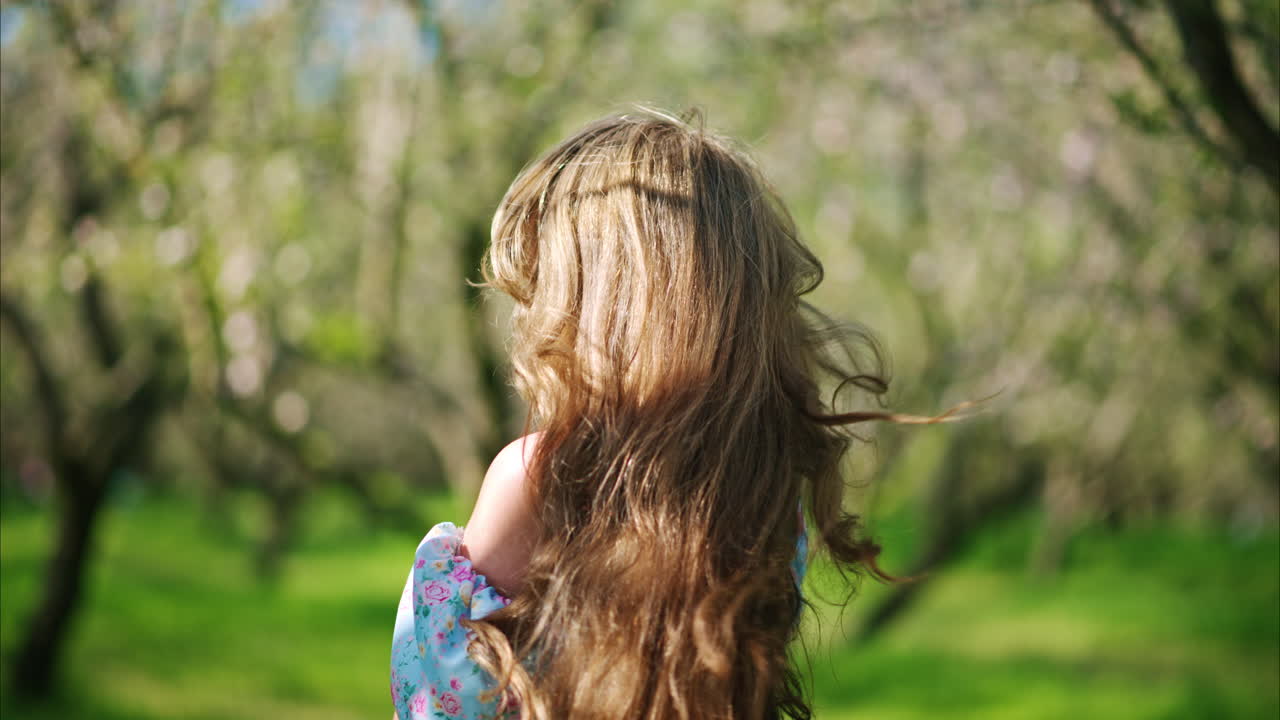 Brunette woman in a blue dress enjoying a field of blooming almond trees