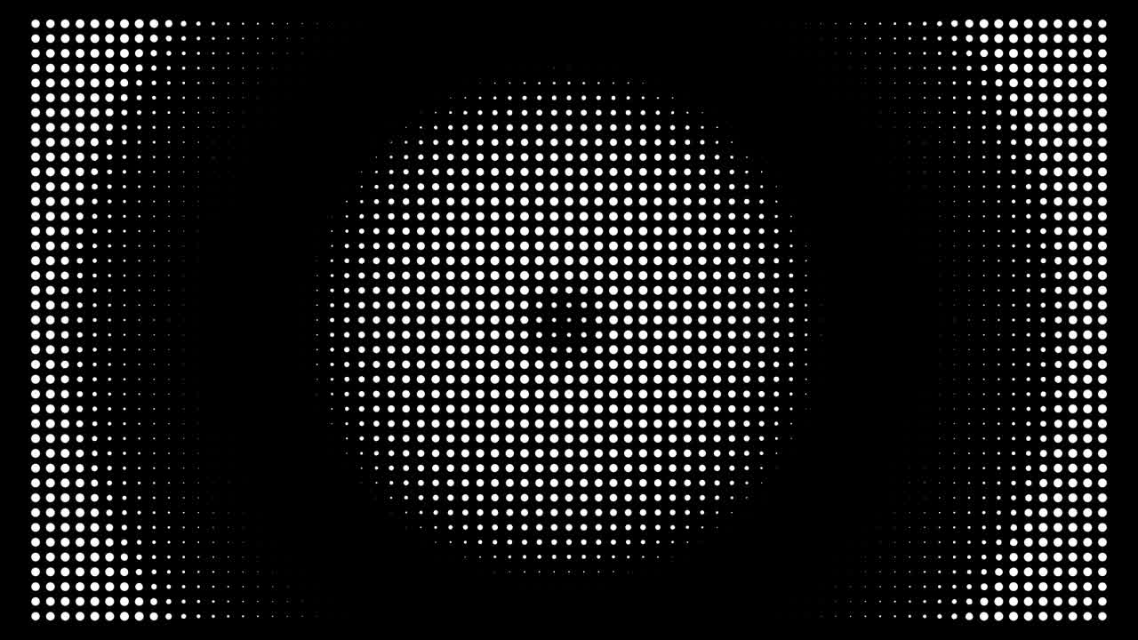 White polka dots against black background. Concentric growing circles seamless loop transition