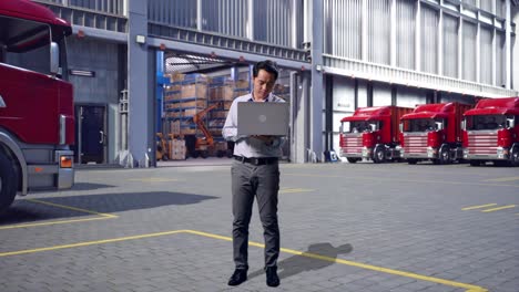 full body of an asian male professional worker standing with his laptop, outside of logistics distributions warehouse, he is nodding his head with dissapionted