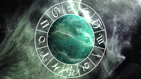 animation of green planet and zodiac in black space with smoke