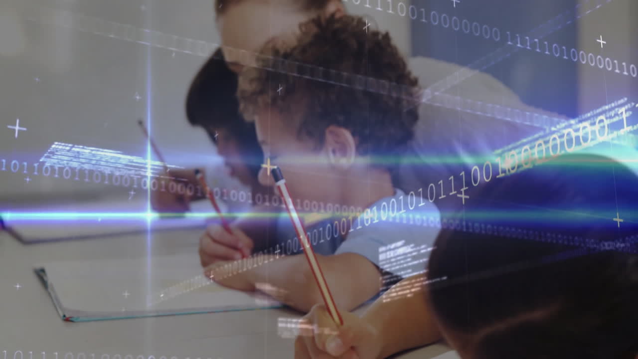 Teacher guiding students in education scene, showing animated binary code and light flares