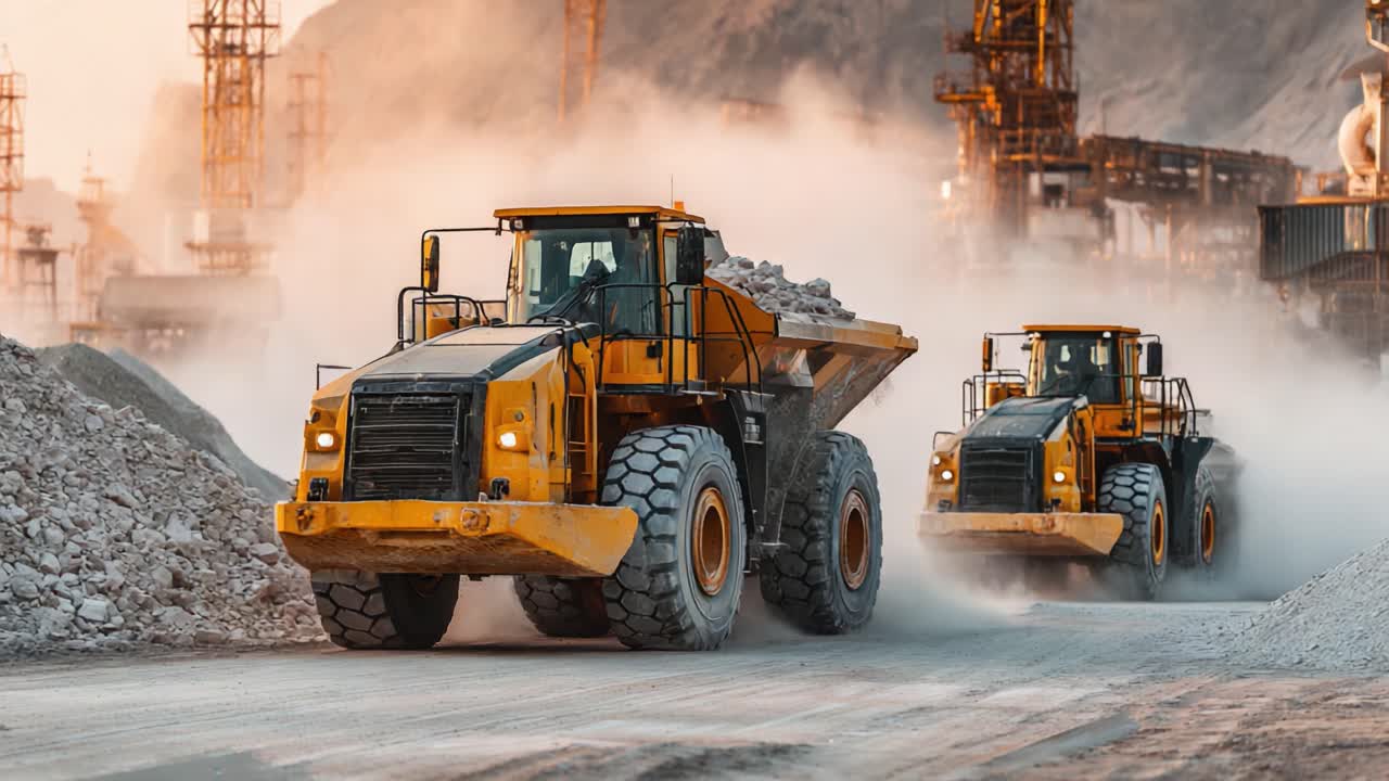 Heavy Construction Equipment in Action: A Dynamic Scene of Yellow Loaders Transporting Materials Amid Dust and Industrial Backdrop
