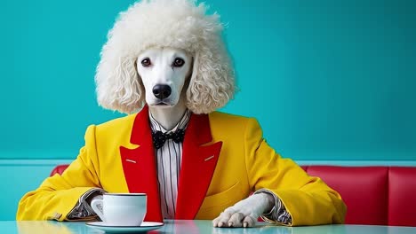 stylish poodle in yellow suit at cafe