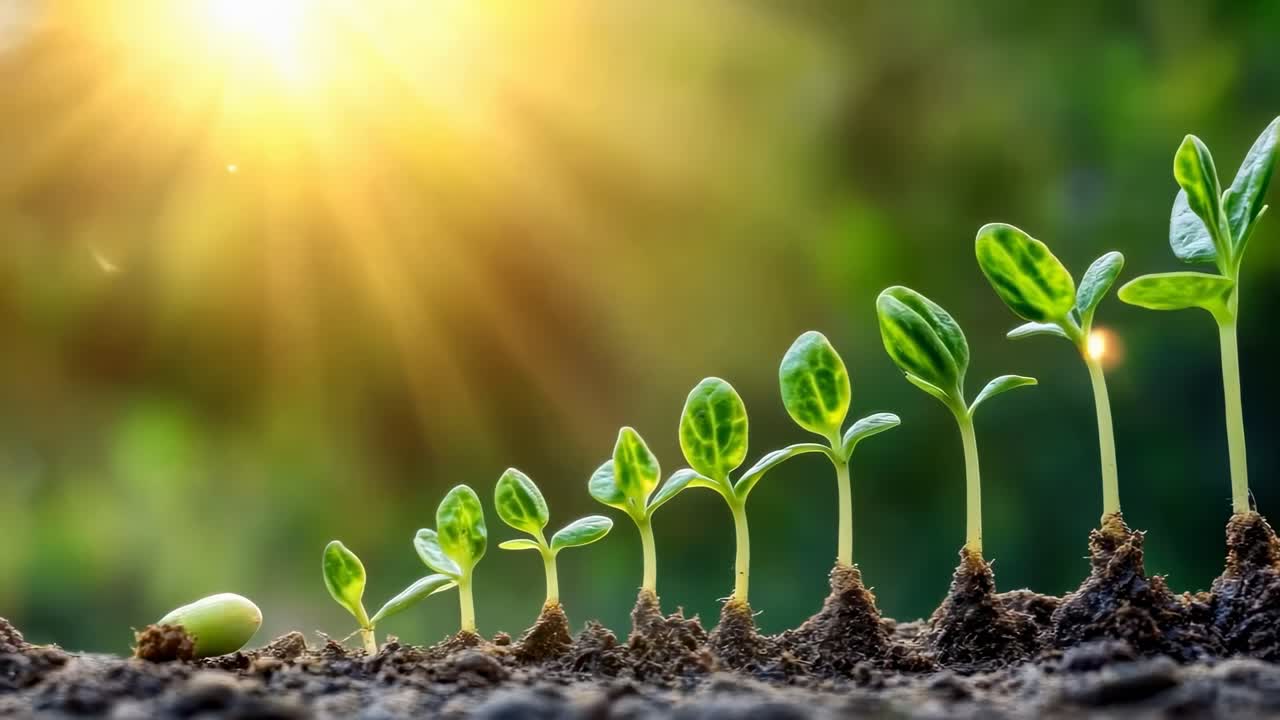 Close-up video of young seedlings in soil, captured from a low angle