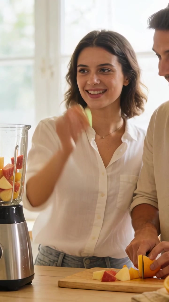 Video verticale: Una donna raccoglie frutta e la aggiunge al frullatore in cucina mentre un uomo affetta su un tagliere preparando una bevanda.
