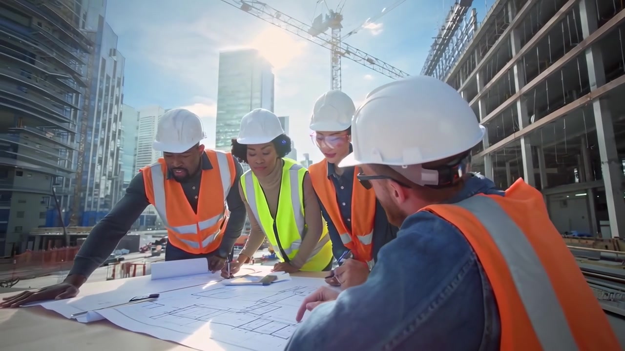 Diverse Construction Team Discussing Blueprints on a Modern Building Site