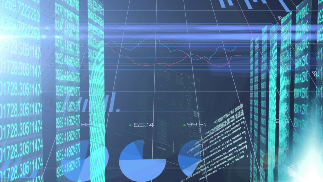 Animation of multiple numbers and graphs with fingerprints against abstract background