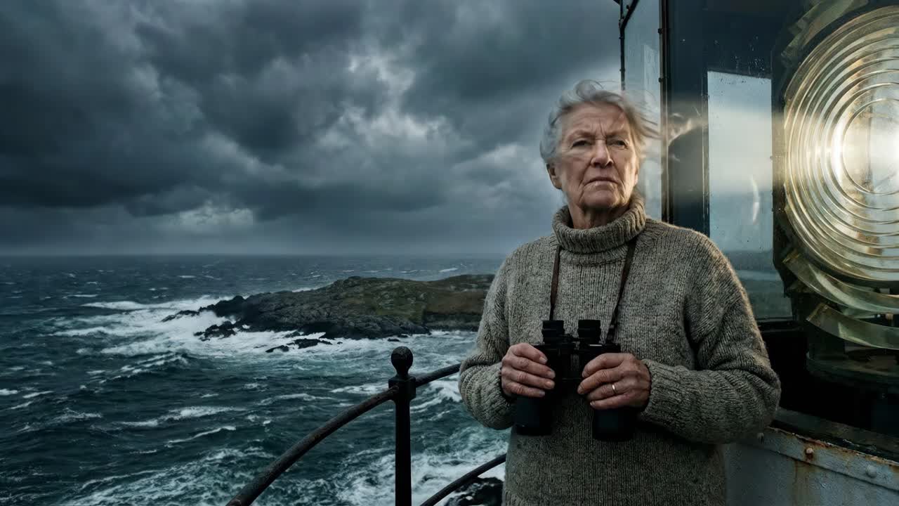 Donna con binocolo al faro durante la tempesta