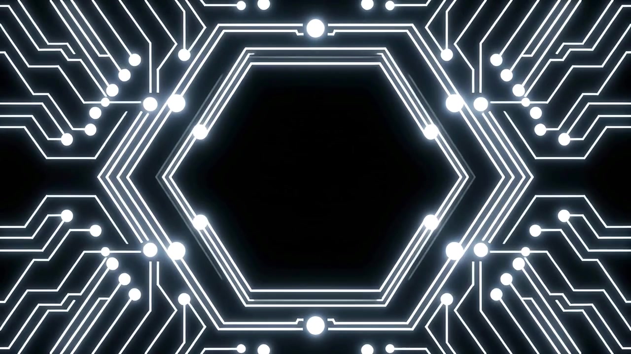 Motivo animato di circuito stampato luminoso con esagono in espansione