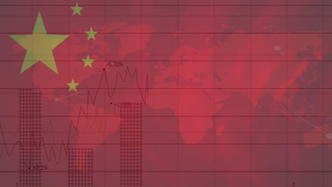 animation of chinese flag waving over financial data processing and world map