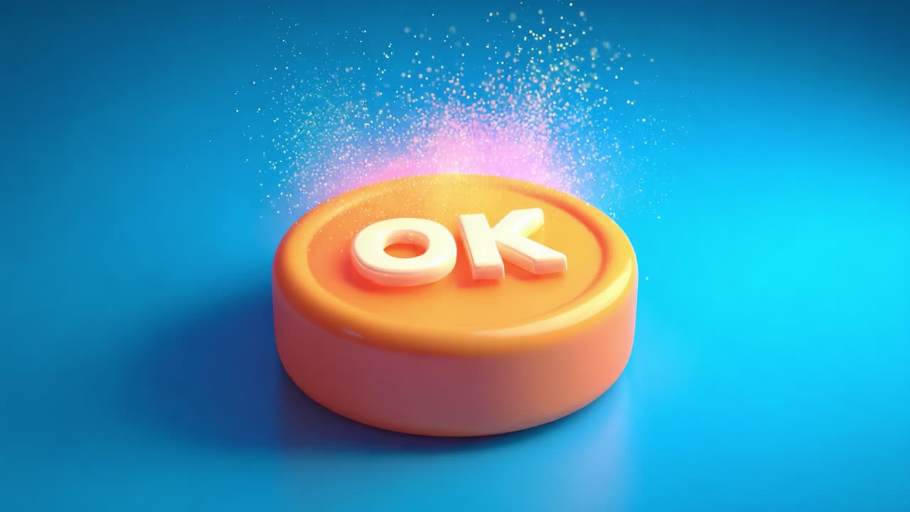 A Vibrant Orange Round Button with the Text 'OK' on a Bright Blue Background, Shimmering with Magical Sparkles and a Contemporary Design Aesthetic for Modern Applications