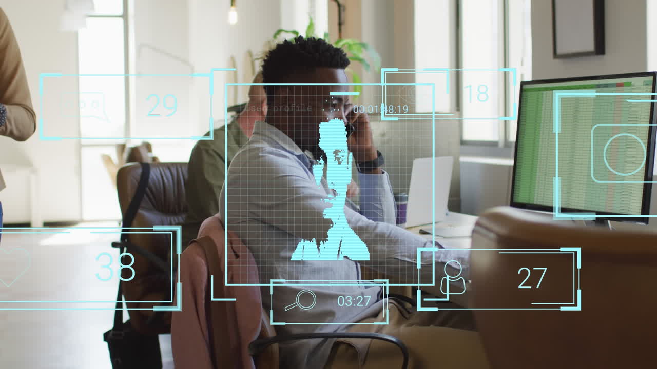 animación de iconos de personas sobre diversas personas de negocios que usan computadora