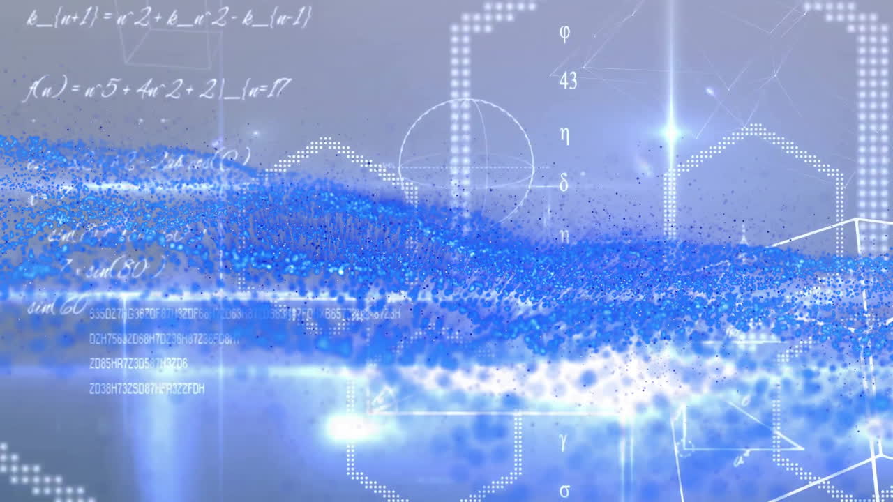 Blue particle wave streaming across digital scene, visualizing code strings and geometric overlays