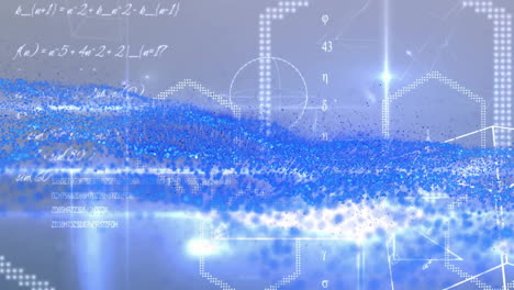 blue particle wave streaming across digital scene, visualizing code strings and geometric overlays