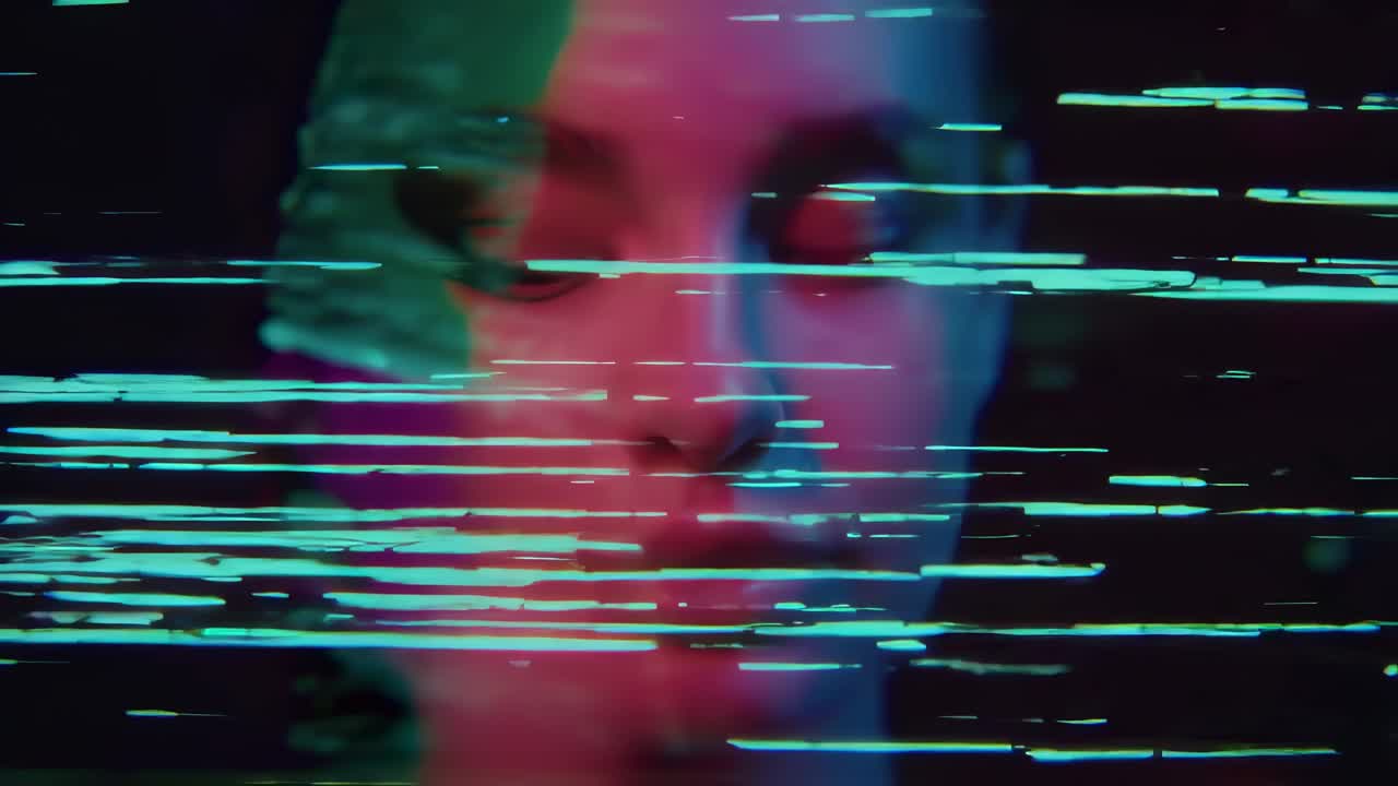Glitch effect progressively covering a woman face with closed eyes, illuminated by colorful lights, creating a futuristic and technological atmosphere