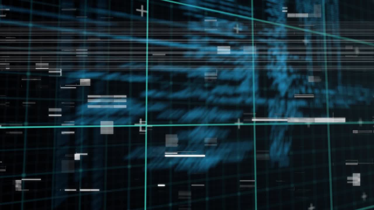 Digital animation of data processing over grid network against black background