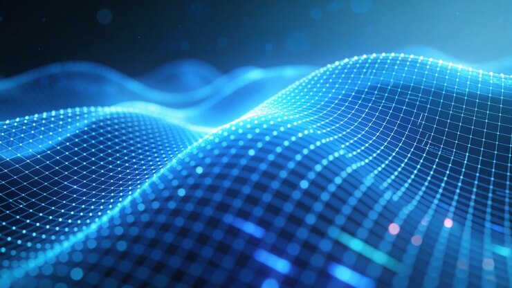 Vertical video: Camera gliding forward, blue wireframe grid pulsing and streaking showing data flow
