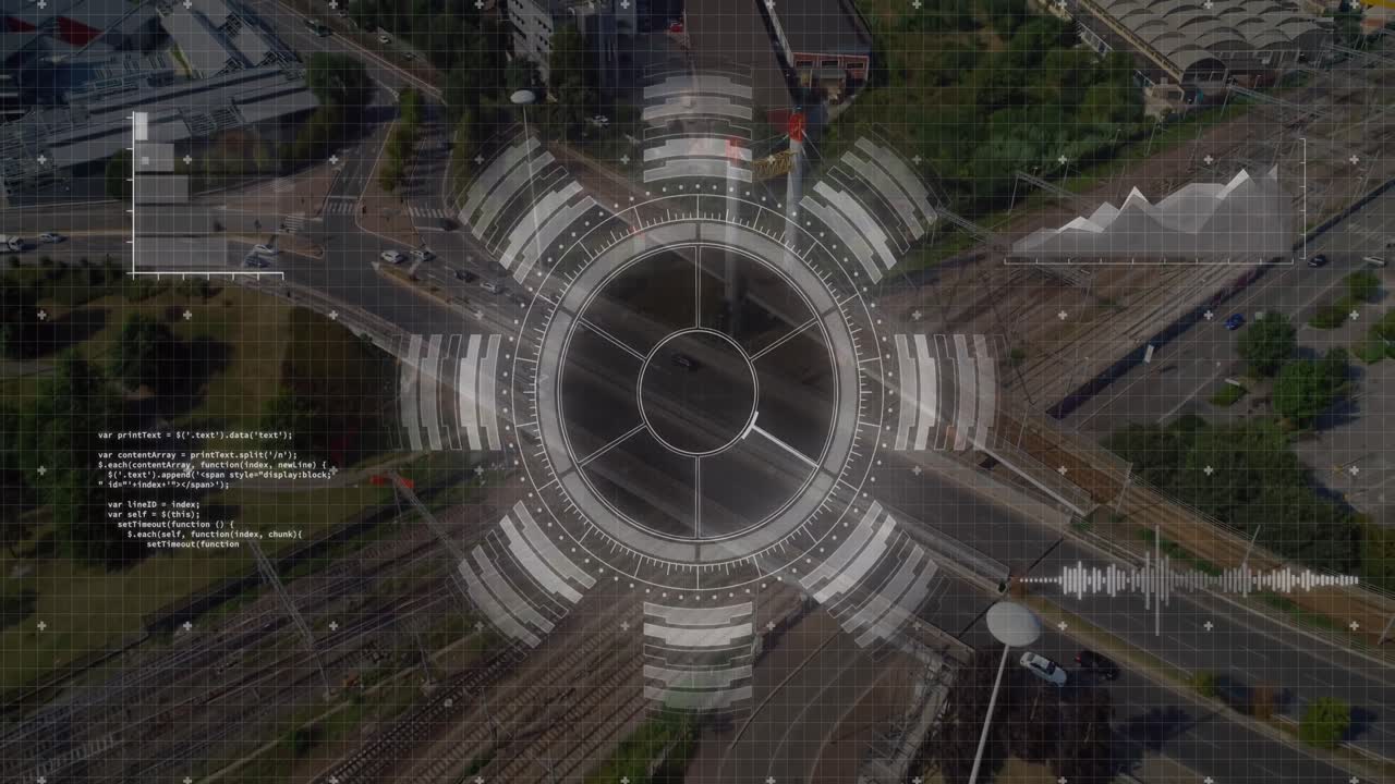 Animation of round scanner and data processing against aerial view of city traffic