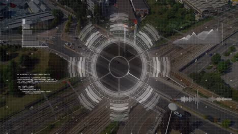Animation-of-round-scanner-and-data-processing-against-aerial-view-of-city-traffic
