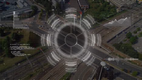 animation of round scanner and data processing against aerial view of city traffic