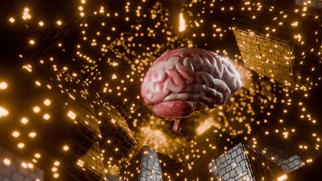 human brain floating in digital cyber space with glowing yellow cubes and data particles. 3d render illustration. artificial intelligence and neural network concept. design for poster