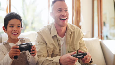 video game, happy and father with child on a sofa