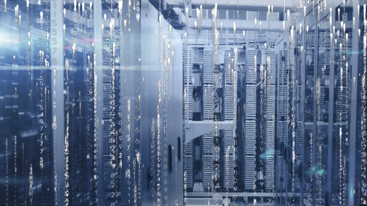 Animation of data processing and lights over servers