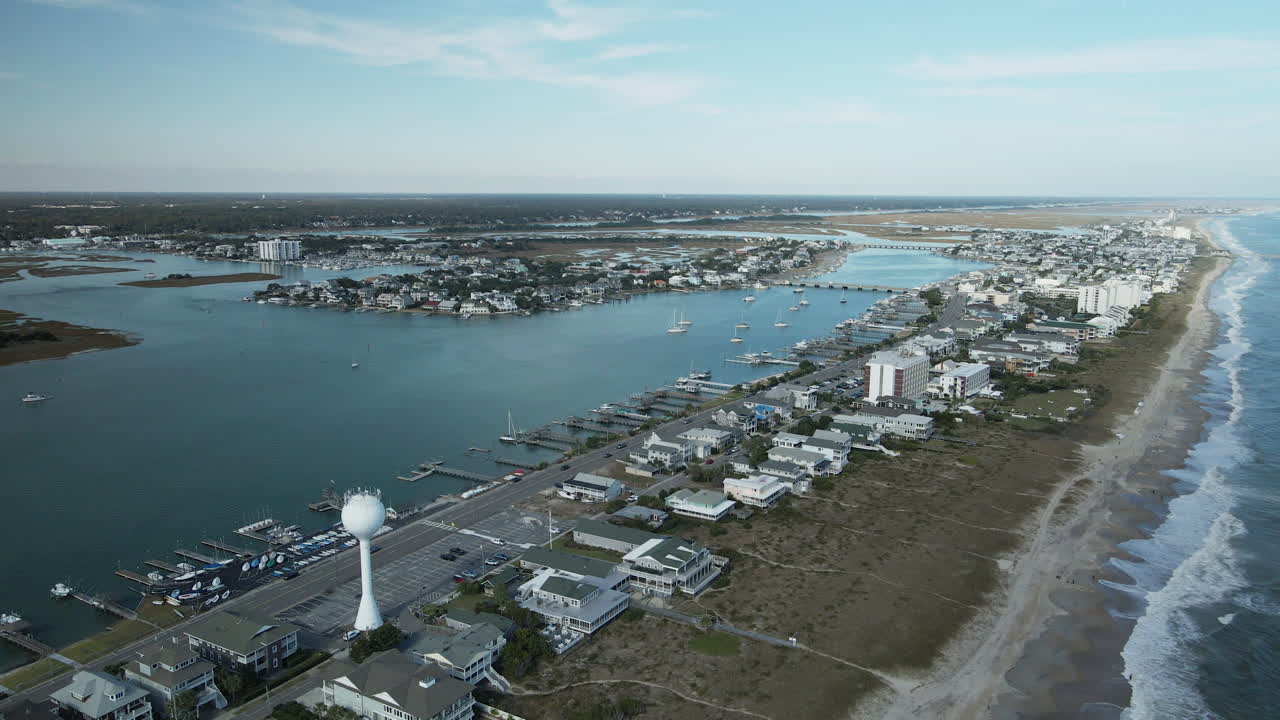 Establishing aerial view looking over Wrightsville Beach, North Carolina