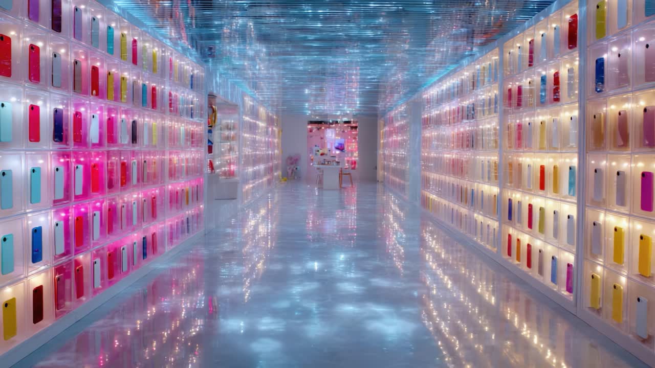 A Colorful Futuristic Hallway Filled with Vibrant Smartphone Cases Illuminated by Soft LED Lights, Creating a Dreamlike Atmosphere in a Modern Retail Space