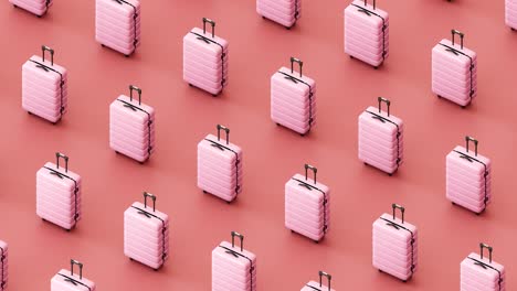 similar suitcases placed in row against blue background. 3d animation