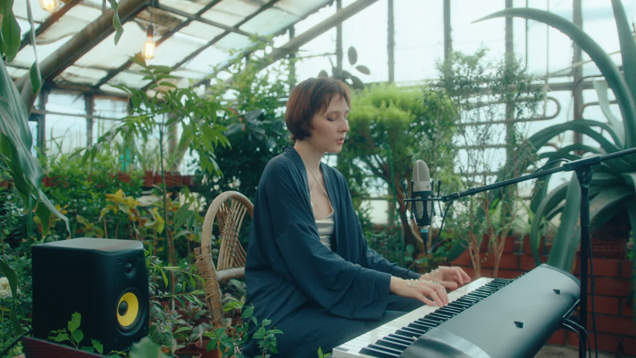 Woman Playing Keyboard and Singing in Mic during Concert in Greenhouse