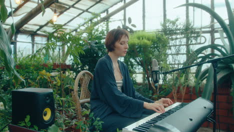 woman playing keyboard and singing in mic during concert in greenhouse